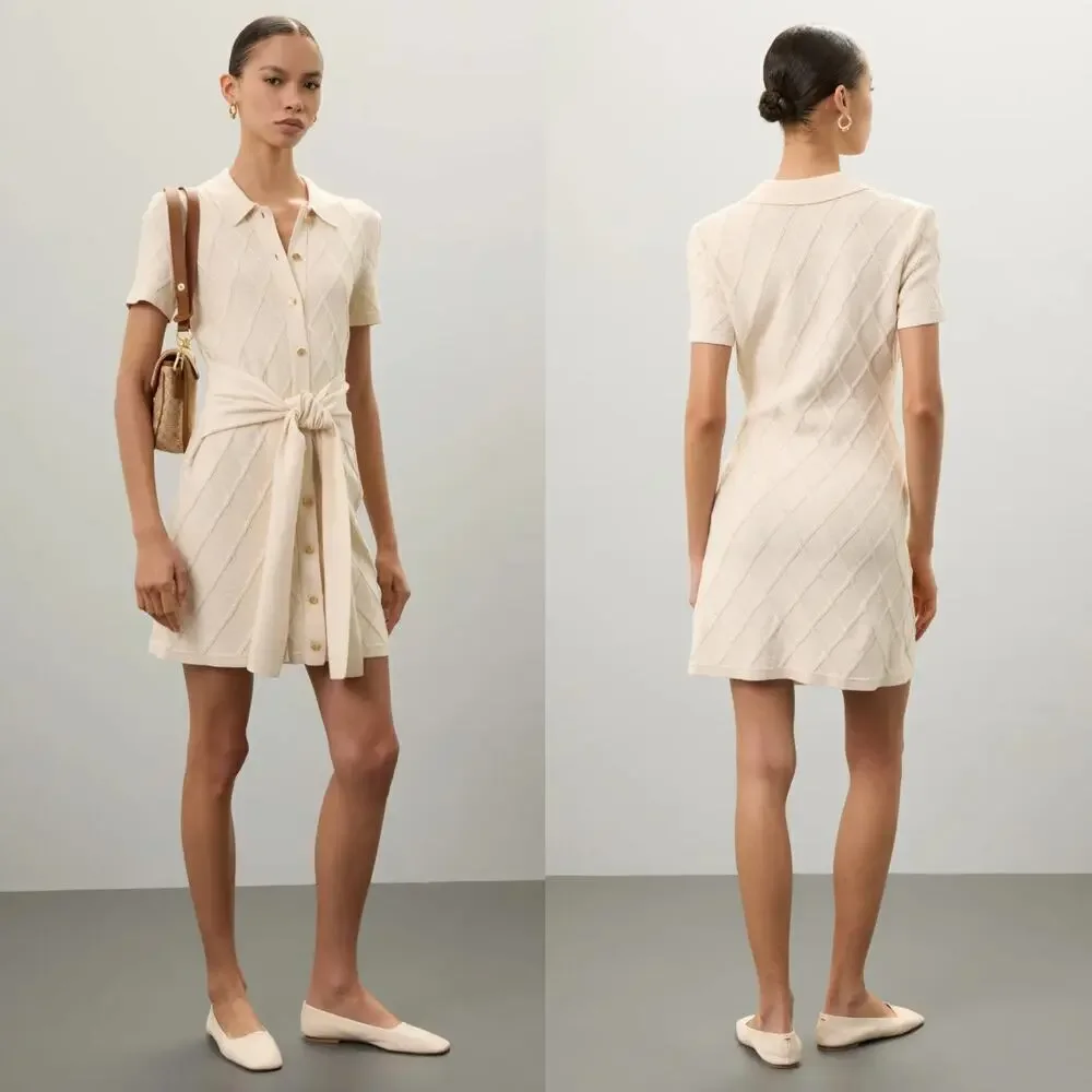 Toccin X RTR  Polo Sweater Dress Short Sleeve Tie Waist  Mini Off White L